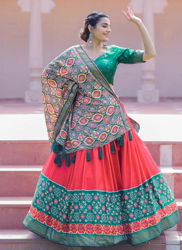 Traditional Red Color Dola Silk Printed Foil Work Lehenga
